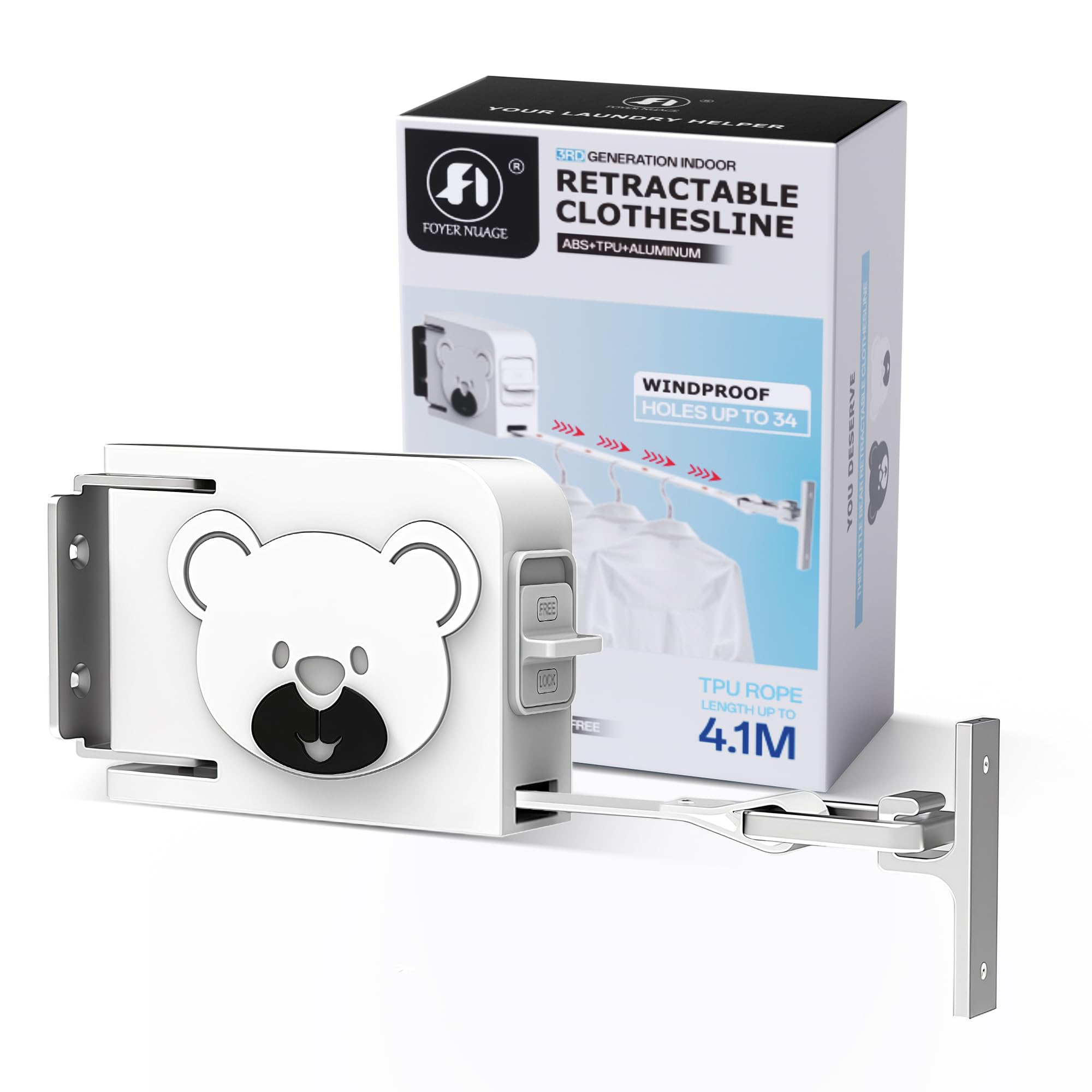 Foyer Nuage Wall Mounted Retractable Clothesline, 4.1m Long TPU Washing Line, Extendable Laundry Drying String Line, Indoor & Outdoor Use, ABS+TPU+ALUMINUM material - Little Bear, White