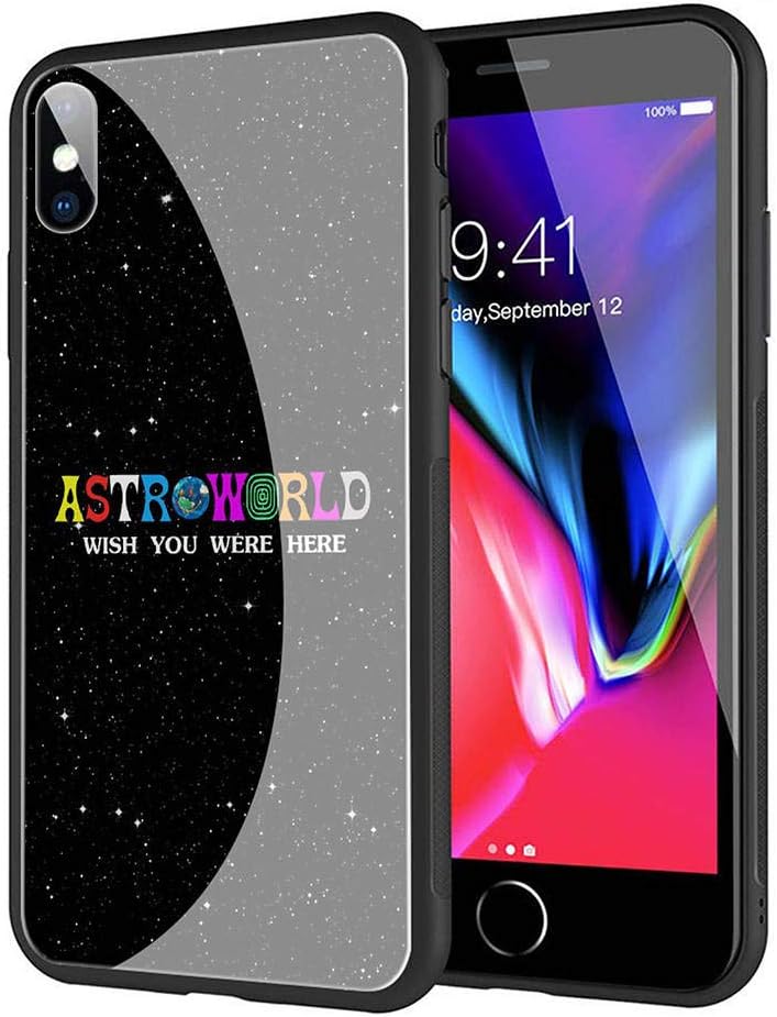 GUOZHAO Phone Case iPhone 7 Plus/8 Plus,GZA-69 Travis Scott Astroworld Tempered Glass Back Black Cover and Soft Silicone Rubber Bumper Frame for Scratch-Resistant and Anti-Scratch Absorption