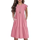 HOSIKA Girls Summer Ruffle Short Sleeve Crew Neck Loose Casual Flowy Tiered Short Dress with Pockets for 6-12 Y