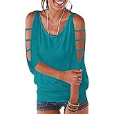 Womens Summer Cold Shoulder Tops 3/4 Sleeve T Shirts Pullover Casual Dolman Blouses