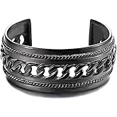 COOLSTEELANDBEYOND Masculine Wide Steel Black Cuff Bangle Bracelet for Men Women with Curb Chain Ornament