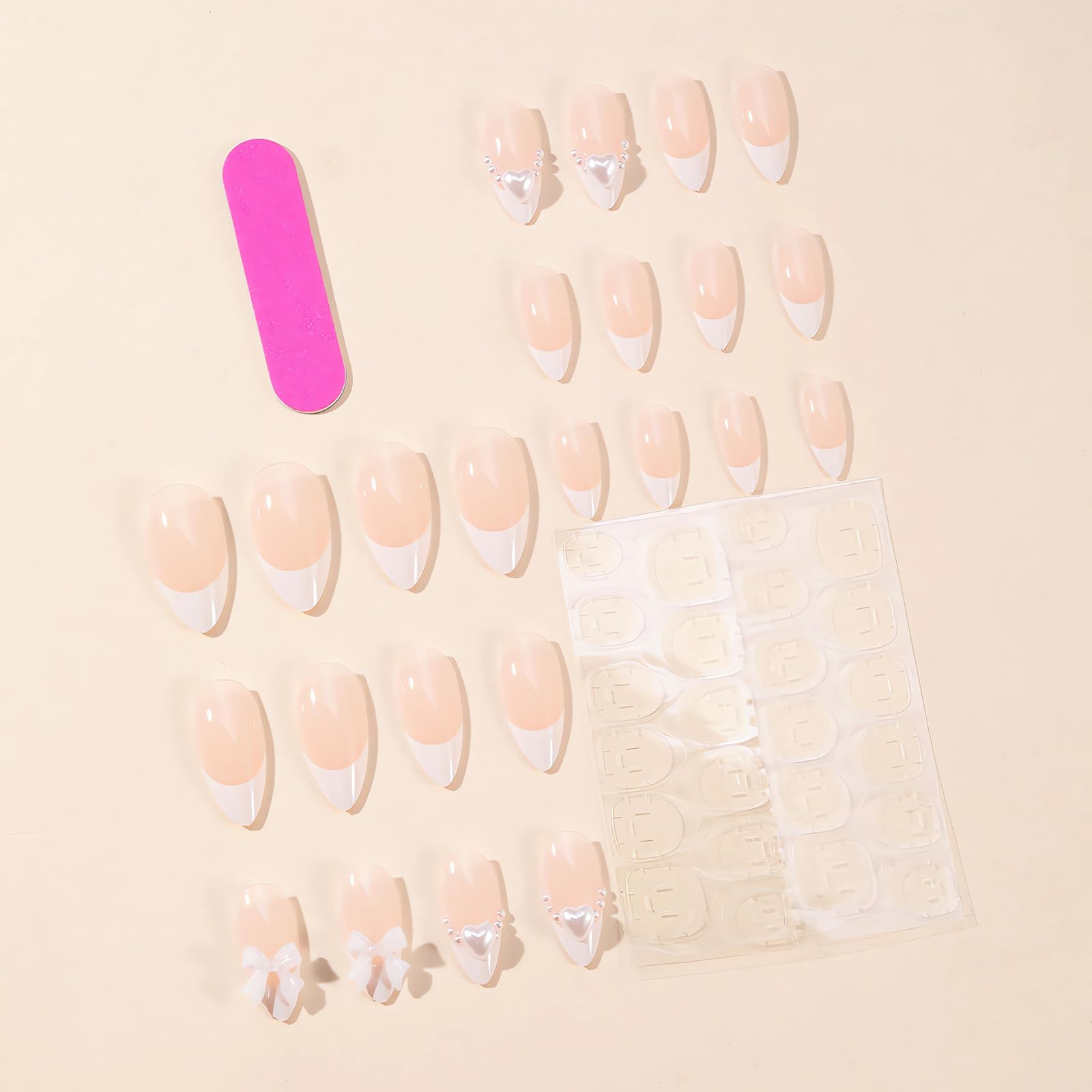 LPOODDNU Almond Press on Nails White French Tip Fake Nails Medium Length Acrylic Nails Press ons with Bow Charms Designs Cute White Pearls Glue on False Nails Reusable Stick on Nails 24pcs - Image 2