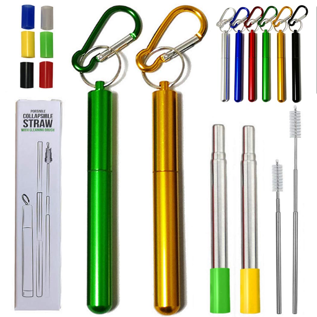 Hoshen 2 PCS Reusable Folding Metal Straws, Portable Telescopic Straws, Including Brushes and Silicone Heads (with Shell) ，Yellow/Green