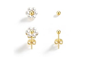 IMBOS Pearl Earrings 14k Gold Plated Daisy Flower Stud Earrings for Women Ball Stud Flat Back Earring Hypoallergenic Statement Earring Trendy Jewelry Gift for Women