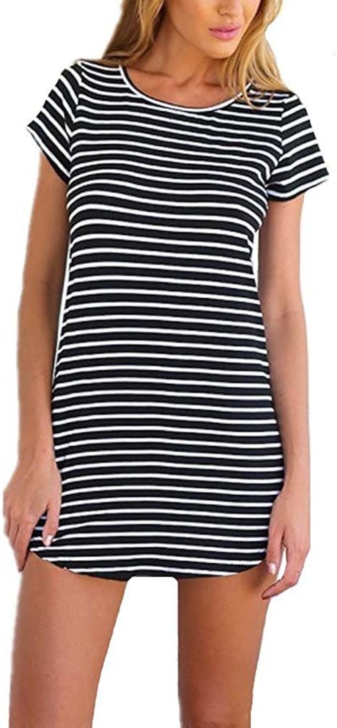 OUFLY Summer Cotton Striped Round Neck Dress TShirt Swim Beach Bikini