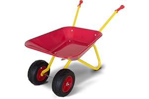 TMZ Dual-Wheel Kids Wheelbarrow Outdoor Toy Barrow Children Metal Wheelbarrow with Comfortable Handles for Garden -Yellow/Red