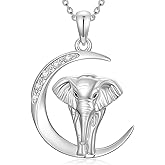 Zorlioy Diamond Elephant Necklace 925 Sterling Silver Lab Grown Diamond Crescent Moon Elephant Pendant Necklaces Jewelry for Women
