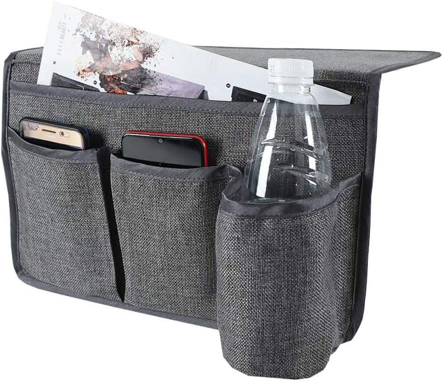 Guken Bedside Storage Organizer Magazine Holders Bedside Caddy 4 Pockets for TV Remotes Water Bottle Magazine Books, Cell Phone, Glasses Caddy, iPad (Grey)