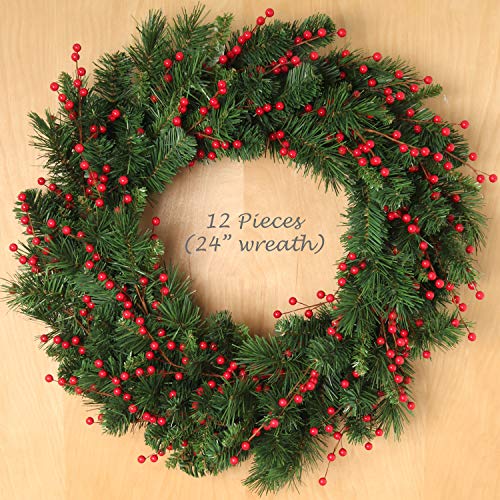 24 Artificial Red Holly Berry Stem Picks - Decorative Wire Stem Branch Sprays for Christmas Tree Decoration, Holiday Décor, Silk Flower Arrangements, Home DIY Crafts, 35 Red Berries on each Stem - Thumbnail 3