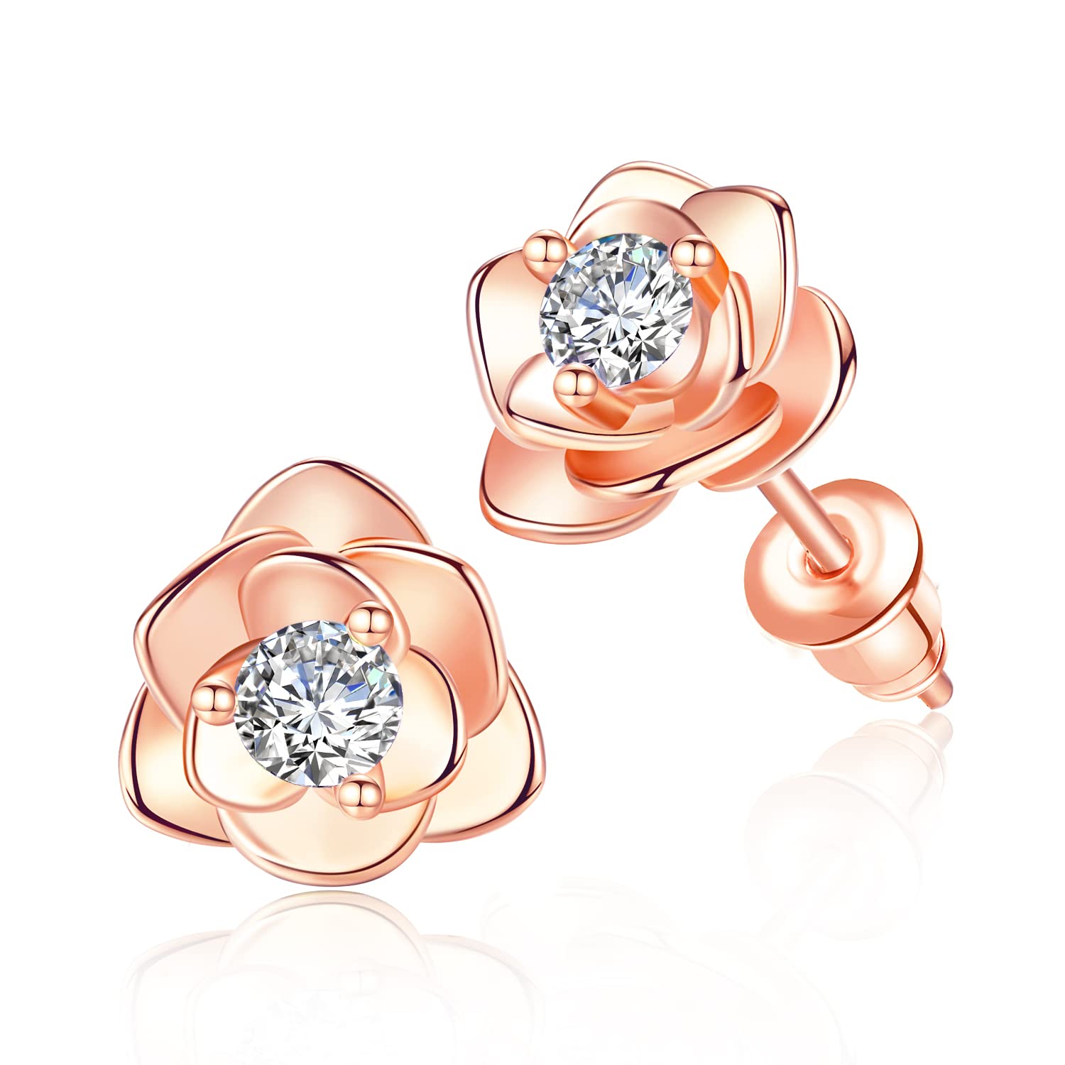 Rose Gold Plated Flower Cubic Zirconia Stud Earrings for Women Gift