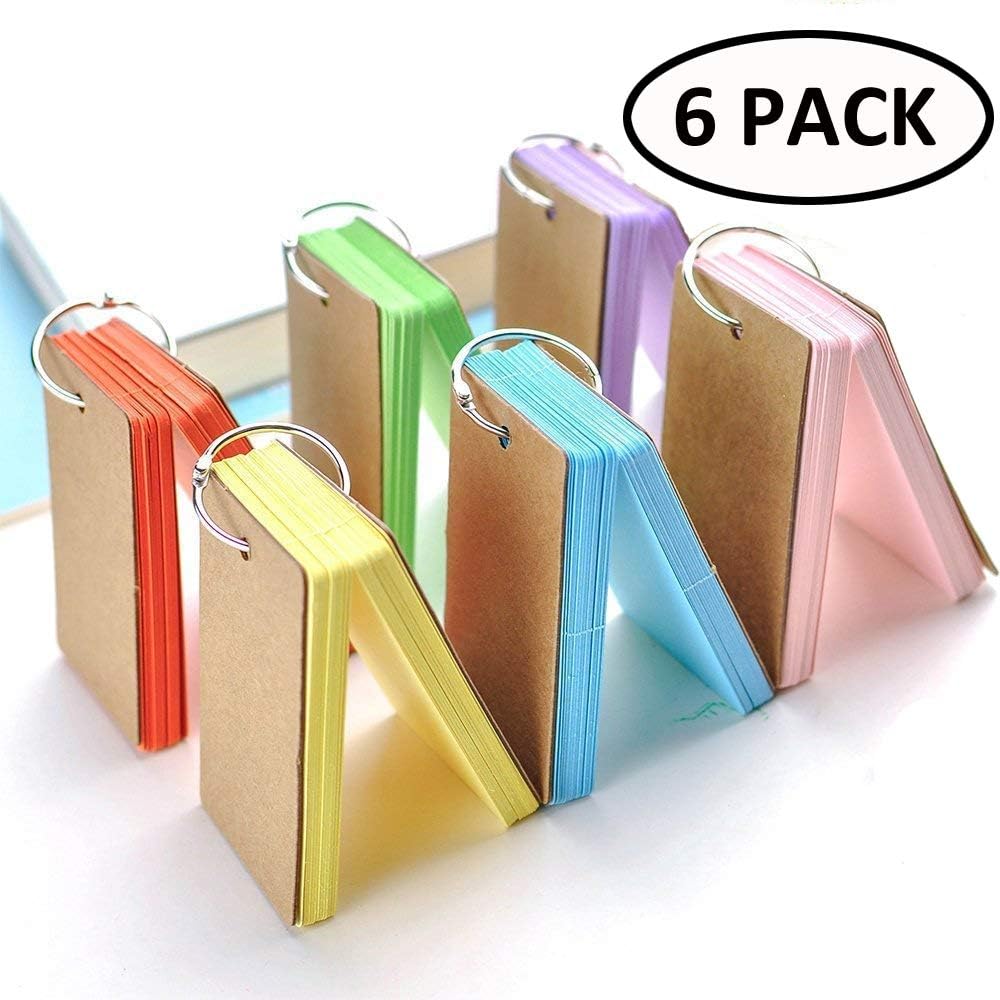 Longpro Blank Flash Cards with Binder Ring,Craft Paper Index Cards Note Cards Study Cards 300 Pieces,50 Sheet/Pack( 3.5 x 2.2 Inches,6 Colors)