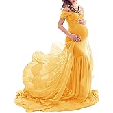 ZIUMUDY Maternity Chiffon Mermaid Gown Off Shoulder Dropped Sleeve Fitted Photo Shoot Photography Dress