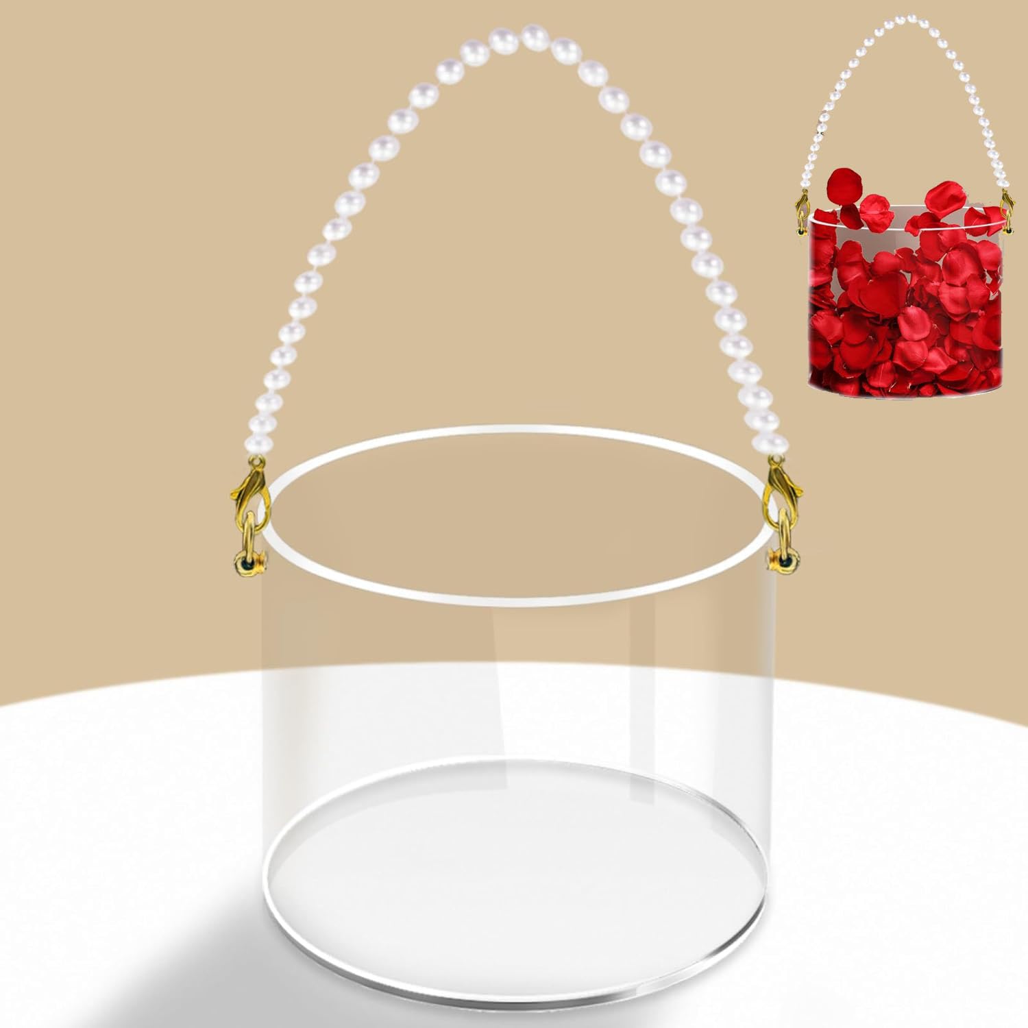 Photo 1 of 1Pcs Round Flower Girl Basket Clear Wedding, Acrylic Flower Basket With Pearl Handle Wedding Basket for Wedding for Confetti, Flower Girls