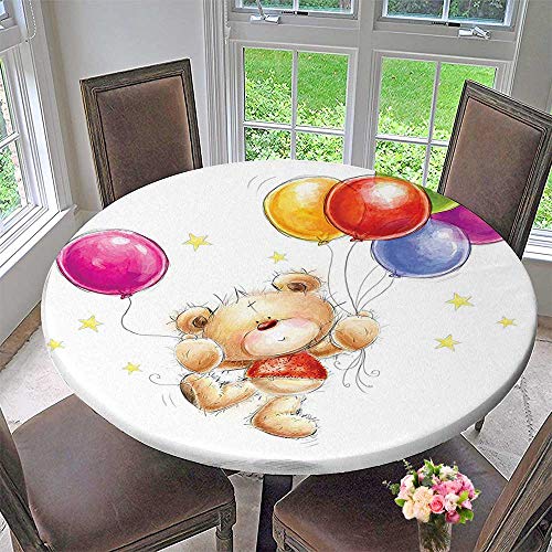 Mikihome The Round Table Cloth Teddy Bear with Balloons and Stars Cheerful Friends Print for Birthday Party, Graduation Party 67"-71" Round (Elastic Edge)