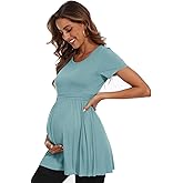 WOOXIO Women's Maternity Tops Short & Long Sleeve Pleated Waist Shirts Pregnancy Clothes