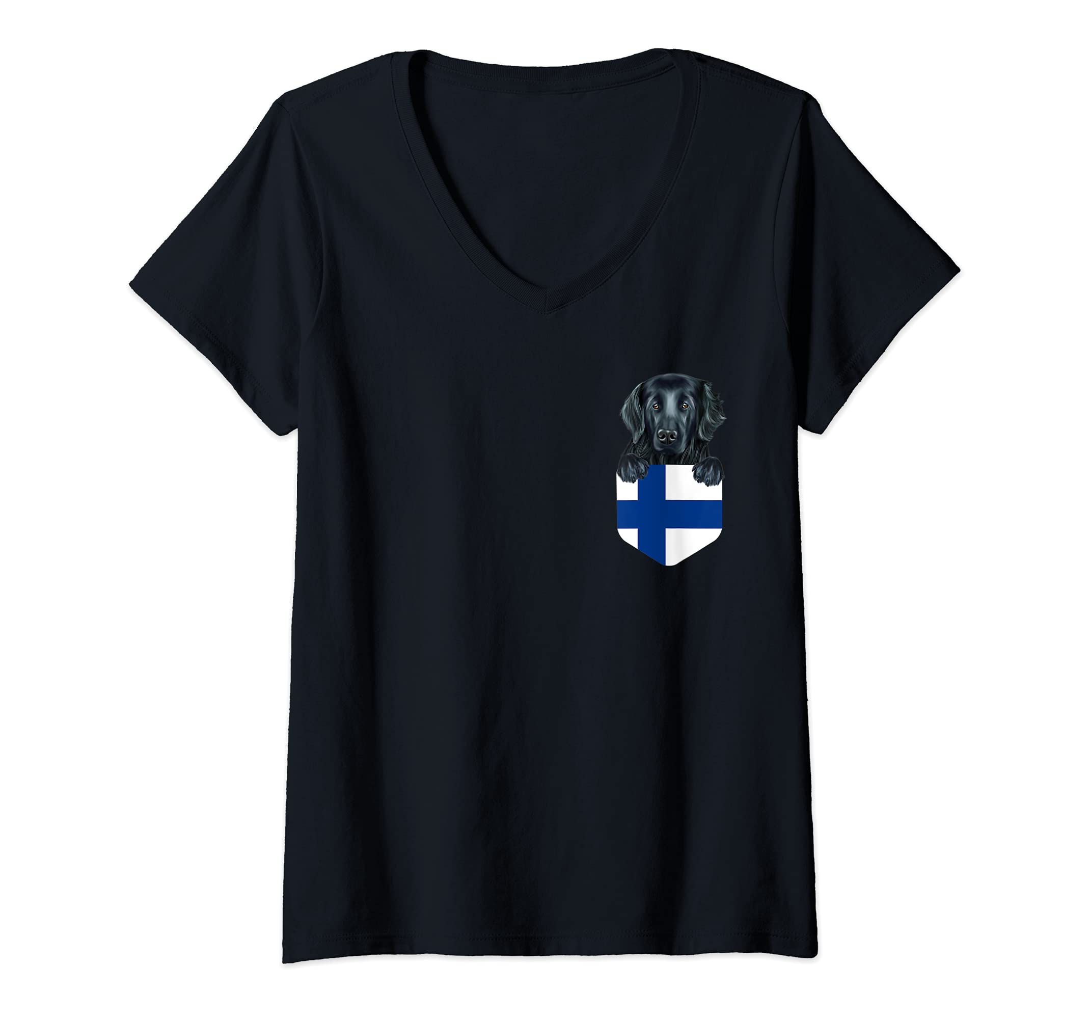 Womens Finland Flag Flat-Coated Retriever Dog In Pocket V-Neck T-Shirt