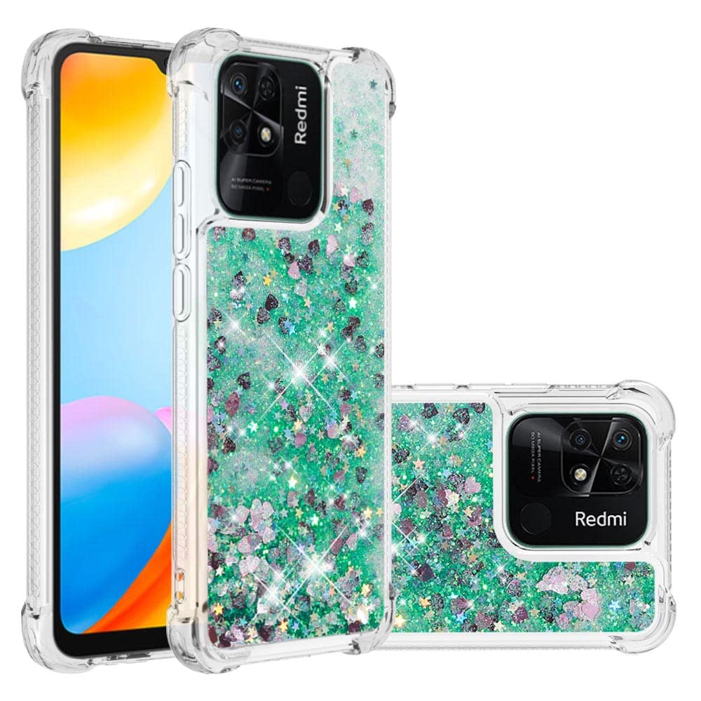 IMIRST Silicone Phone Case for Xiaomi Redmi 10C, Corner Airbag Fall Protection Bling Glitter Quicksand Liquid Sparkle TPU Case Cover for Xiaomi Redmi 10C. YBW Love Green