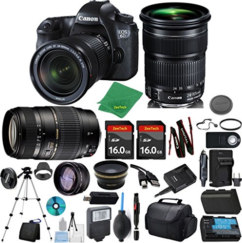 Canon EOS 6D Camera + 24-105mm STM + Tamron 70-300mm AF + 2pcs 16GB Memory + Case + Reader + Tripod + ZeeTech Starter Set + W/A + Telephoto + Flash + Battery + Charger + Filter Canon EOS 6D Camera + 24-105mm STM + Tamron 70-300mm AF + 2pcs 16GB Memory + Case + Reader + Tripod + ZeeTech Starter Set + W/A + Telephoto + Flash + Battery + Charger + Filter