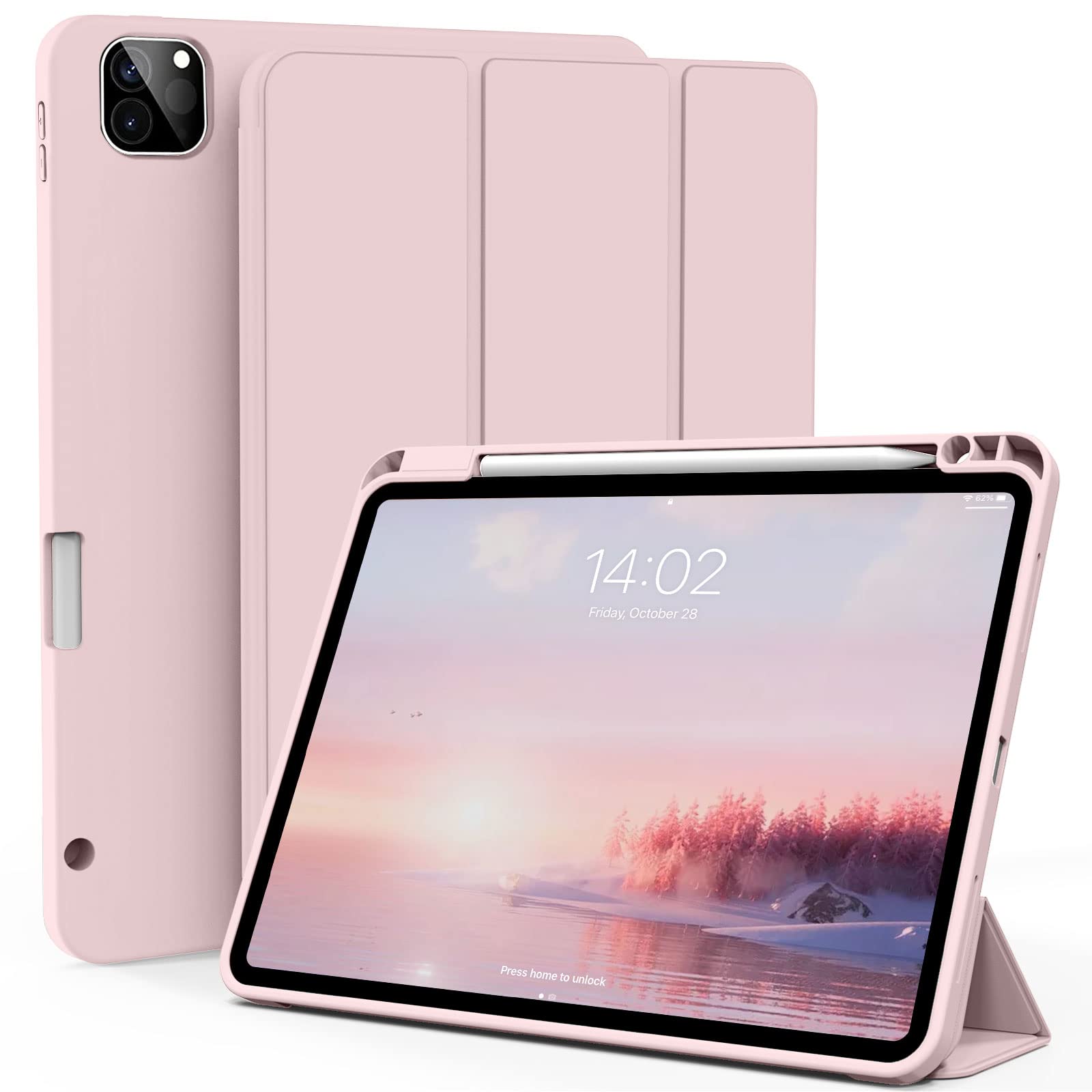 ZOYU Case for iPad Air 13 Inch M3/M2 (2025/2024), Pro 12.9 Inch 6th/5th Generation (2022/2021) with Pencil Holder, Trifold Smart Cover Soft TPU Back, Supprot Touch ID, Auto Sleep/Wake, Pink
