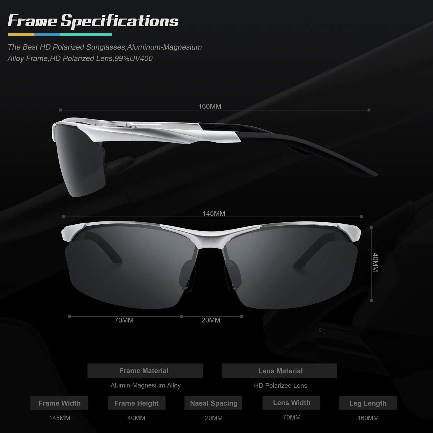 TOREGE Men's Sports Style Polarized Sunglasses Al-Mg Metal Frame Glasses M292 (Silver&Grey Lens) : Clothing