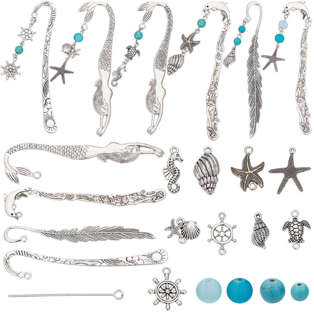 SUNNYCLUE 1 Box DIY 6 Sets Ocean Bookmark Hooks Kit Metal Bookmark Metal Bead Bookmark Summer Hawaii Sea Turtle Starfish Shell Charms Turquoise Beads Metal Book Marks for Crafting Reading Supplies