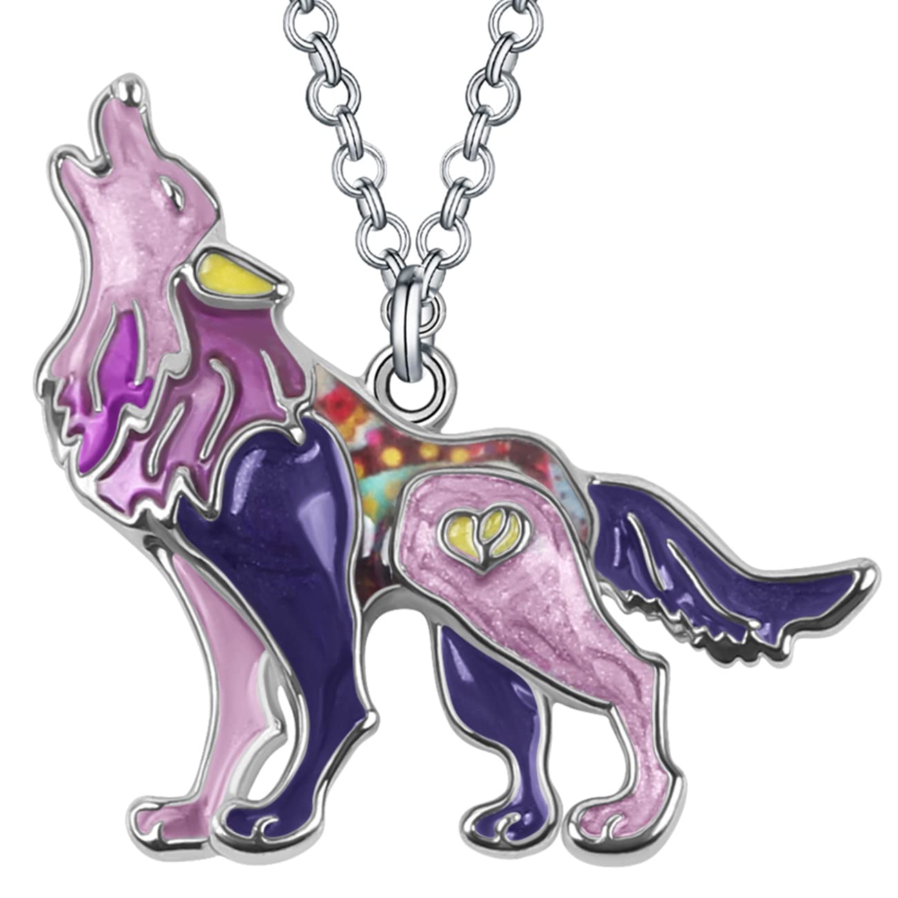 Enamel Alloy Wolf Necklace Pendant Fashion Jewelry Cute Charms Gifts for Women Girls (Purple)