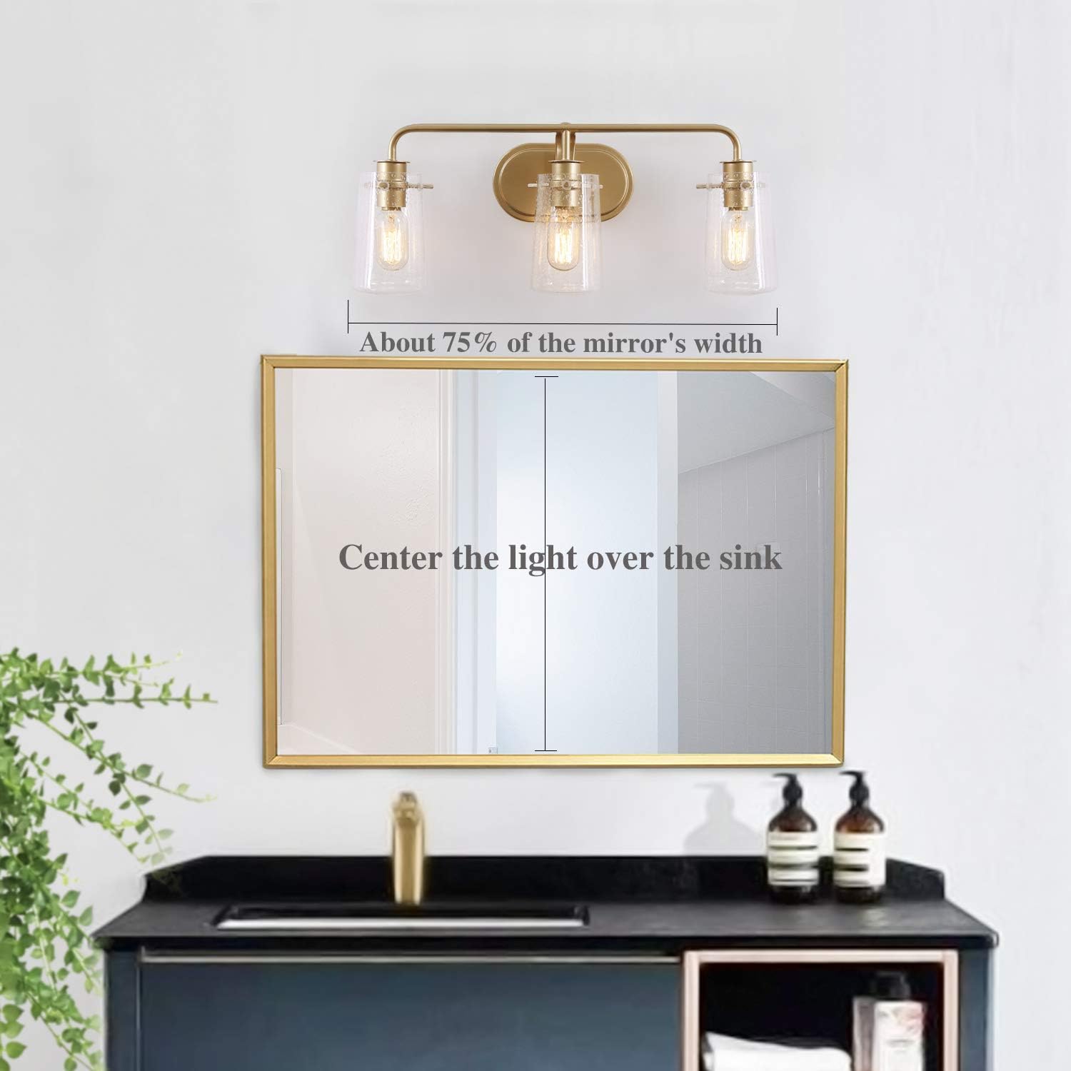 KSANA Gold Vanity Light 3 Modern Bathroom Fixture with Seeded Glass Shade - - 