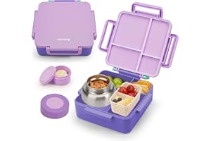 Norxely Bento Box for Kids with Thermos, [Large Capacity] Insulated Kids Lunch Box with 4 Compartment for Ages 3+, Drop-Proof & Dishwasher Safe Lunchbox Container Light Purple