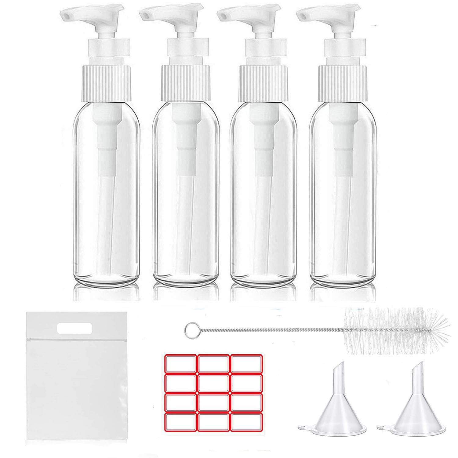 MORICOH 4PCS Travel Bottles Set for Toiletries and 1 Flight Airport Security Liquid Bag(20cm x 20cm), 100ml Travel Bottles (4PCS Pump Bottle)