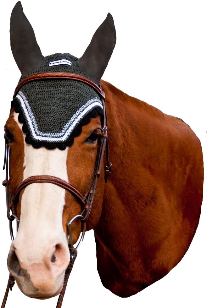 Equine Couture Fly Bonnet with Silver Lurex & Contrast Color - Pony Color - DarkCharcoal/Black, Size - Full