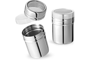 HANSGO Powdered Sugar Shaker Duster, 2PCS Stainless Steel Cinnamon Shaker for Coffee Bar, Fine Mesh Dredge, Salt and Pepper Shakers for Soda, Cocoa, Cornstarch, Seasoning, 6 Ounce, with Lid