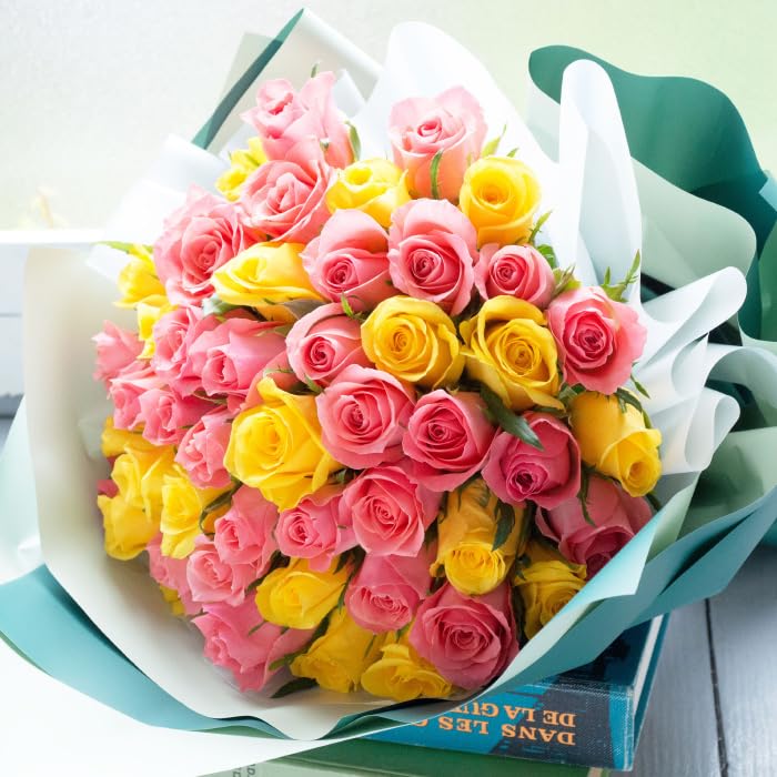 フラワーキッチン バラ50本の花束ブーケ (ピンク＆イエロー：バイカラー) 誕生日 プロポーズ 結婚記念日 記念日商品画像