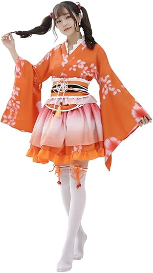 Amazon イチゴガール 着物 ドレス 浴衣 和風 セット キャバドレス 2 オレンジ 浴衣 通販