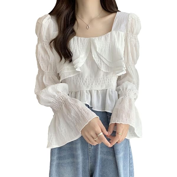 Cuteighteen Lolita Blouse Women Ruffle Peter Pan Collar Puff