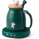 Bsigo Cute Cat Mug Set & Electric Smart Mug Warmer for Home & Office, Beverage Tea & Coffee Cup Warmer with 3-Temp Settings, 8H Auto Shut Off, Green
