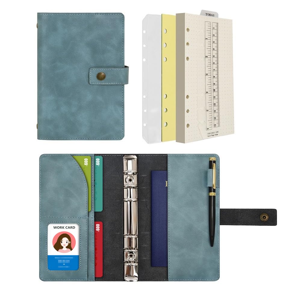 WONDERPOOL Leather Diary Refillable Notebook Spiral Journal Binder Portfolio - Dot Grid Paper & Inner Pockets Organizer for Man and Woman (Lake Blue, A6)