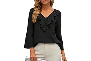 HAWILAND Bell Sleeve Top for Women V Neck Elegant Ruffle Blouse Dressy Business Casual Office 3/4 Length Sleeve Tops