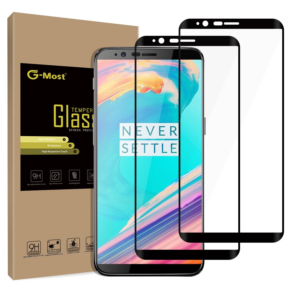 G-Most 2-Pack OnePlus 5T Screen Protector, Full Adhesive, Full Screen Coverage, HD Tempered Glass, Black Frame