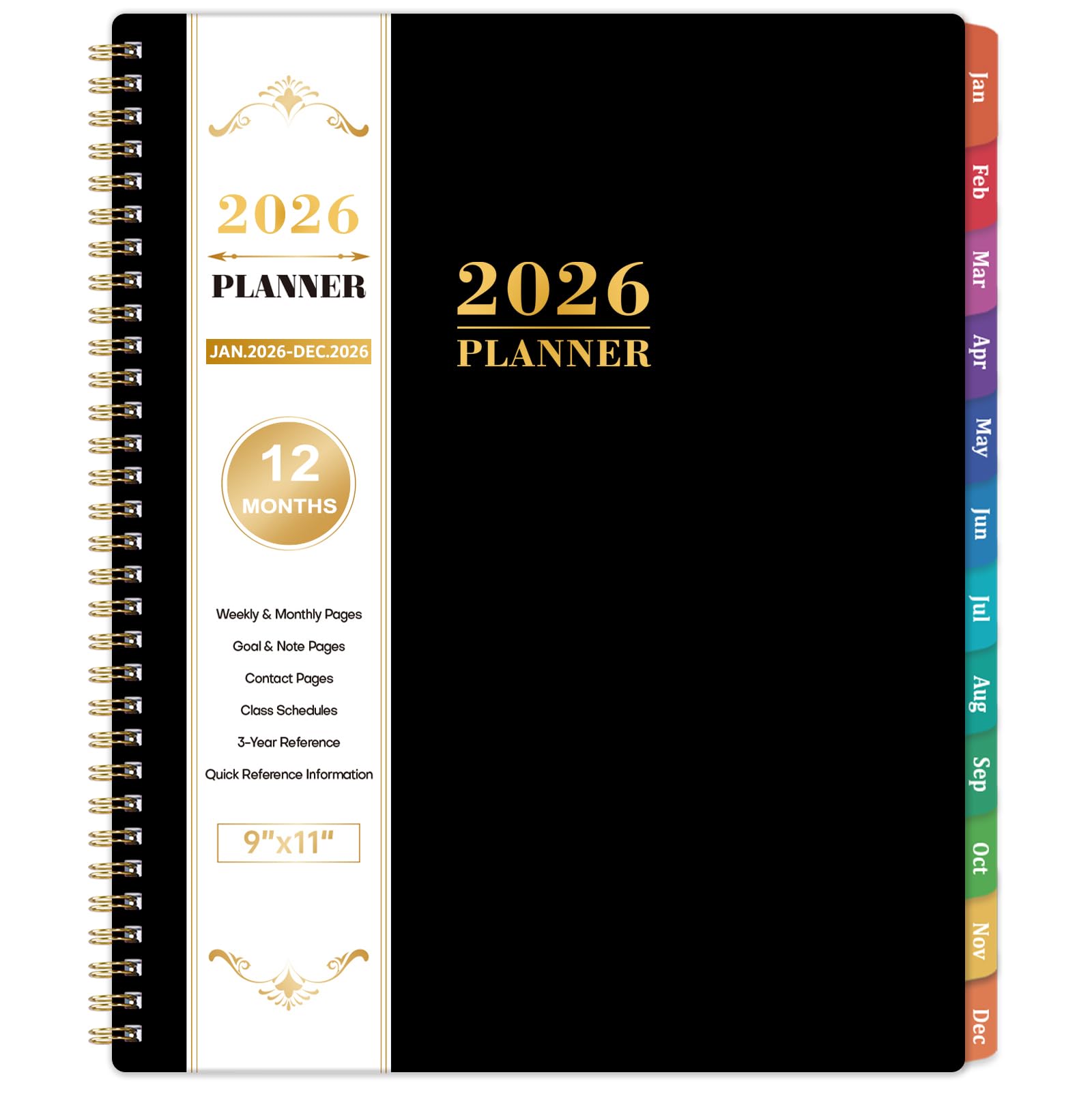 Photo 1 of 2026 Planner - Planner 2026, Jan.2026 - Dec.2026, 9"x11", 2026 Planner Weekly and Monthly with Colorful Sticky Tabs + Class Schedules + Contacts + Twin-Wire Binding - Black