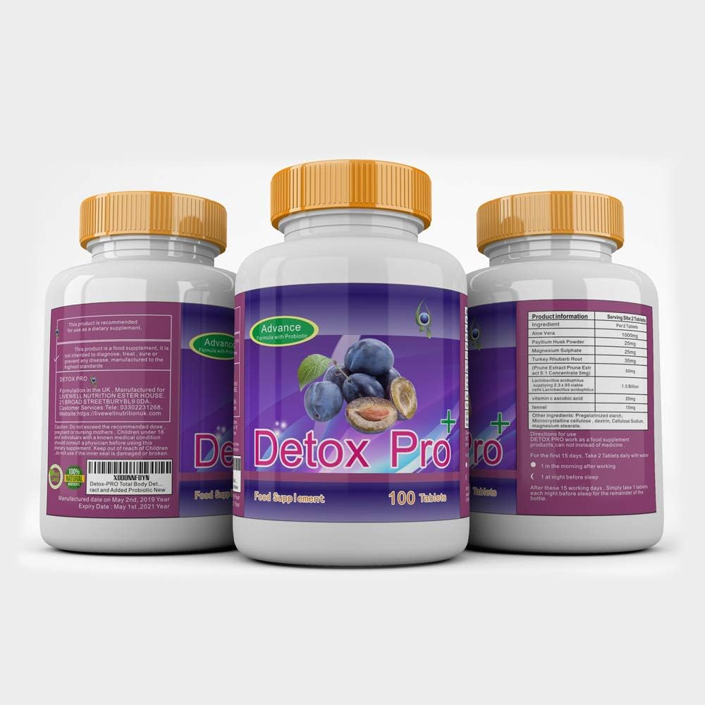 Detox-PRO Total Body Detox Cleanse, Premium Formula with High Strength Aloe Vera, Fennel, Turkey Rhubarb, Prune, (Probiotics Lactobacillus Acidophilus 1.5Million), Prune Extract, for gentle Detoxifier