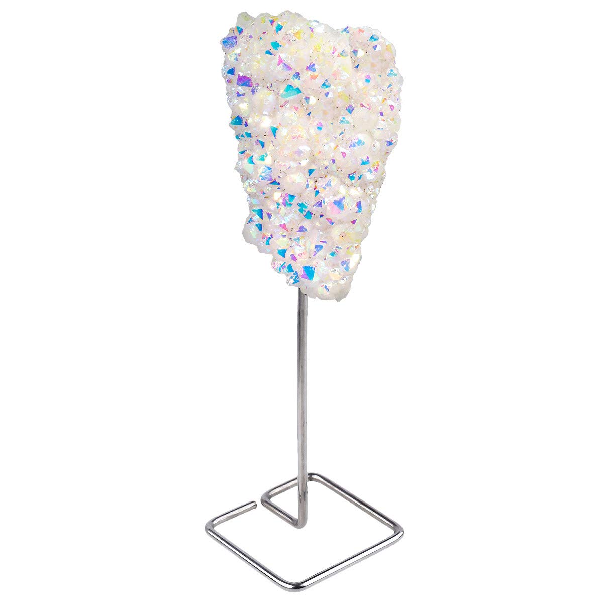 mookaitedecor Angel Aura Quartz Crystal Specimen with Stainless Steel Stand, Titanium Coated Clear Quartz Raw Crystal Cluster Stone Home Decor Rock and Mineral for Display White Healing Crystal Gift