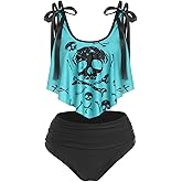 DRESSFO Women's Bikini Set High Waisted Bikini Two Piece Bathing Suit Tummy Control Tankini Gothic Skull Swimsuit