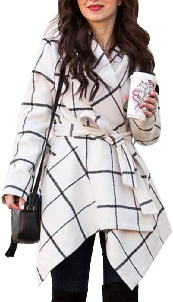 Women's Turn Down Shawl Collar Earth Tone Check/Black White Grid/Black/Plum Wool Blend Coat