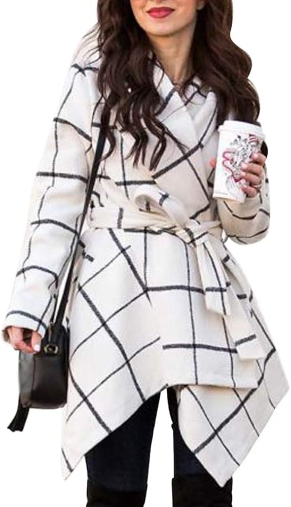 Chicwish Women's Turn Down Shawl Collar Earth Tone Check/Black White Grid/Black/Plum/Cream/Pink Wool Blend Coat