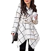 CHICWISH Women's Turn Down Shawl Collar Grid Off-White Asymmetric Hemline Wool Blend Coat, Size Large