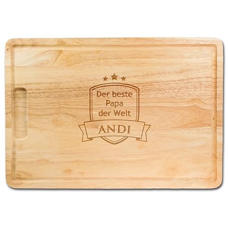 Crazy Kitchen – Großes Schneidebrett aus Holz – Küchenbrett mit Gravur – Der beste Papa der Welt – Personalisiert mit Namen –