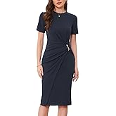 Allegra K Work Dresses for Women 2026 Short Sleeve Crew Neck Wrap Ruched Waist Business Office Bodycon Sheath Midi Dress