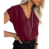 Qixing Women's V Neck Blouses Cap Sleeve Shirts Casual Loose Work Office Solid Tops