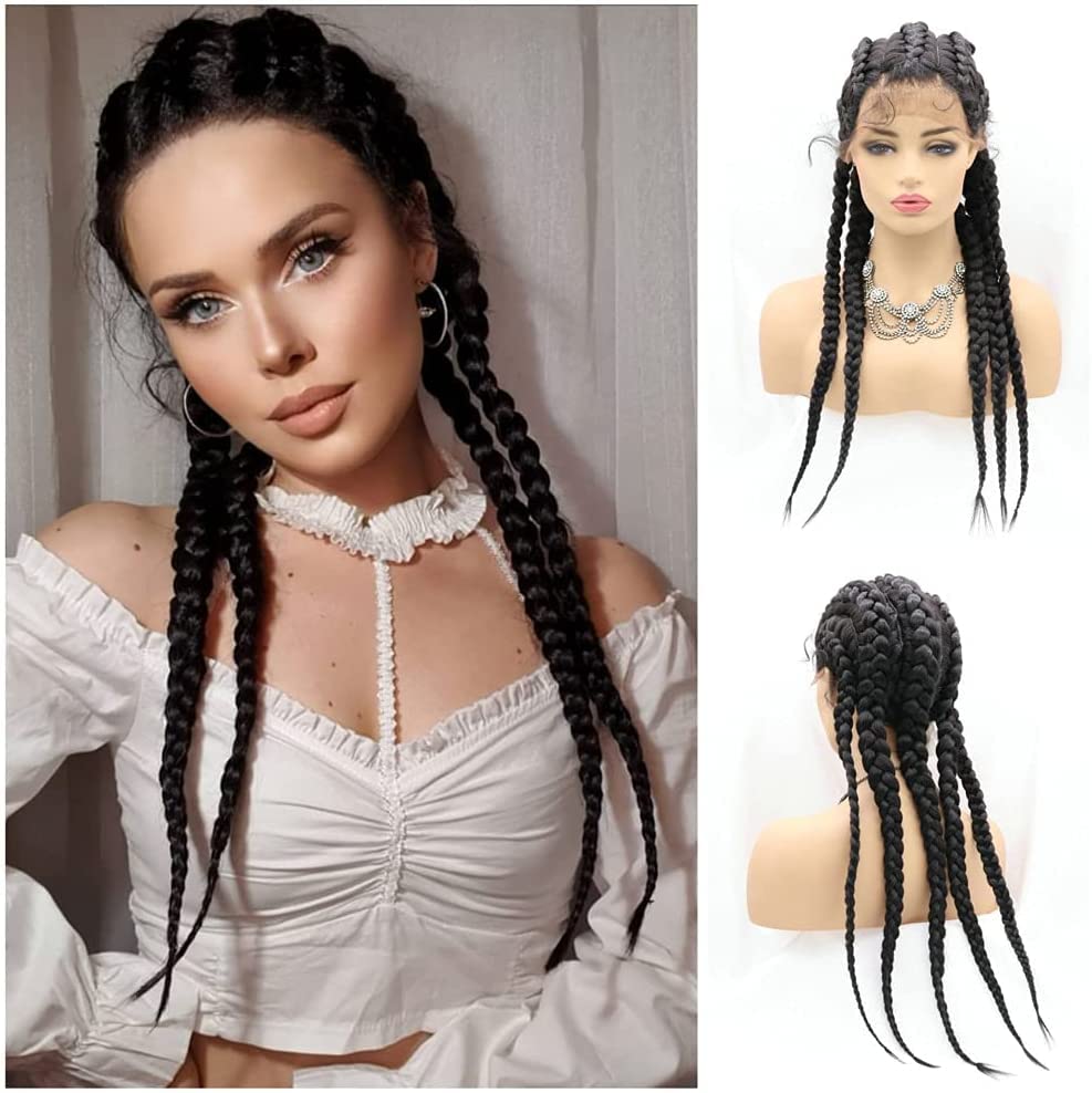 5 Twist Braids Lace Front Wigs Synthetic Braided Lace Front Wig Black Color with Baby Hair Heat Resistant Fiber Wig for Drag Queen (26 Inch, 5backcolor/lace front wig)