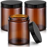 8 oz Glass Jars with Lids, 3 Pack Small Amber Glass Jars with Black Lids | Leakproof, BPA-Free, Empty Glass Containers with Blank Labels for Sample, Cream, Lotion, Honey, Powder